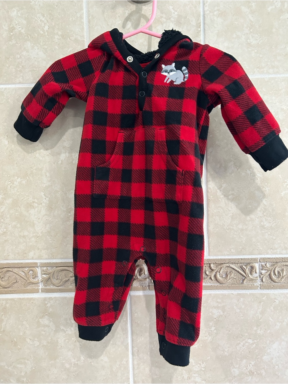 Carter’s Just One You Fleece Buffalo check romper with raccoon